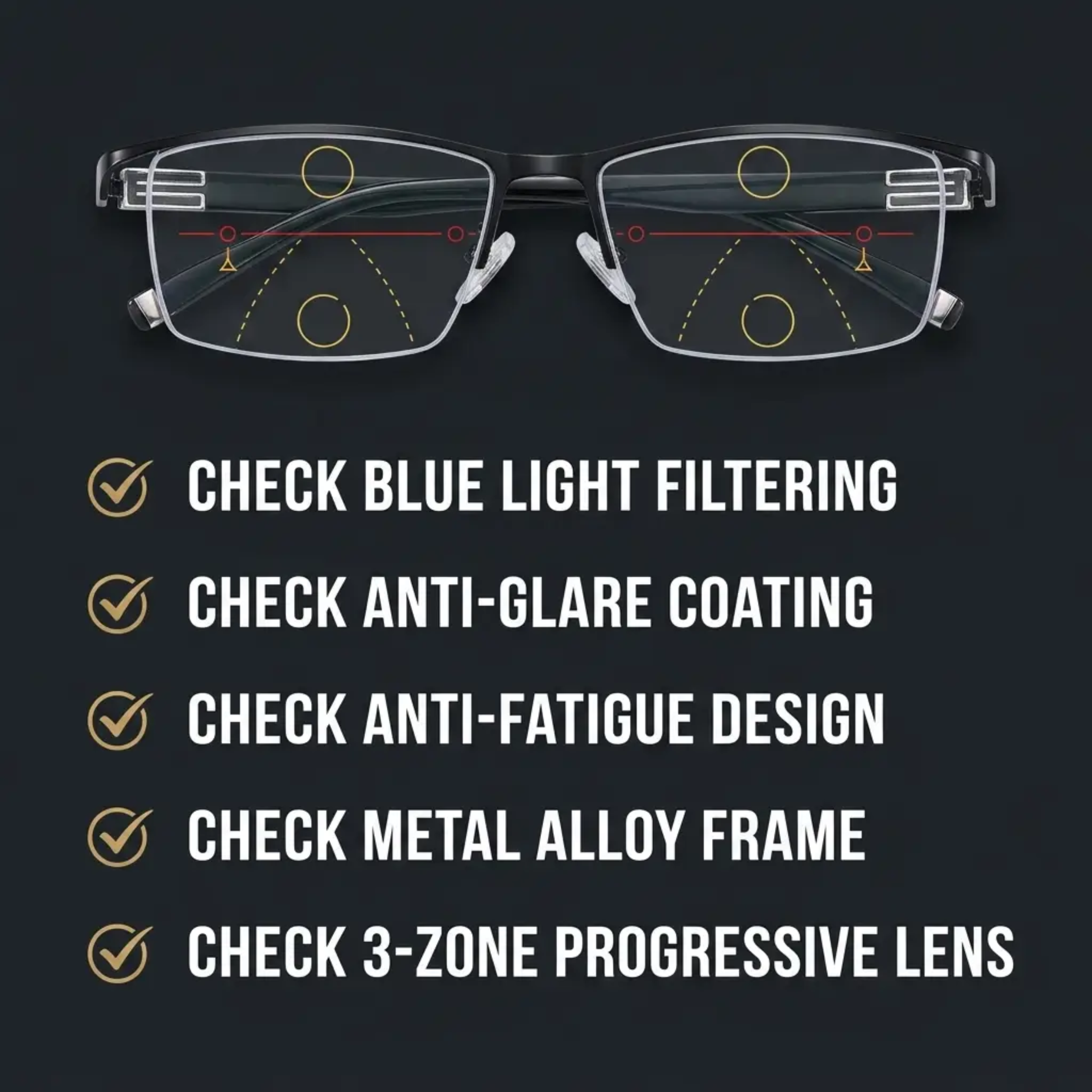 Progressieve Leesbril – Glazen met Driezone-Lenzen, Blauwlichtfilter, Anti-Reflectie, Metalen Montuur voor Universeel Comfort | Sulvida