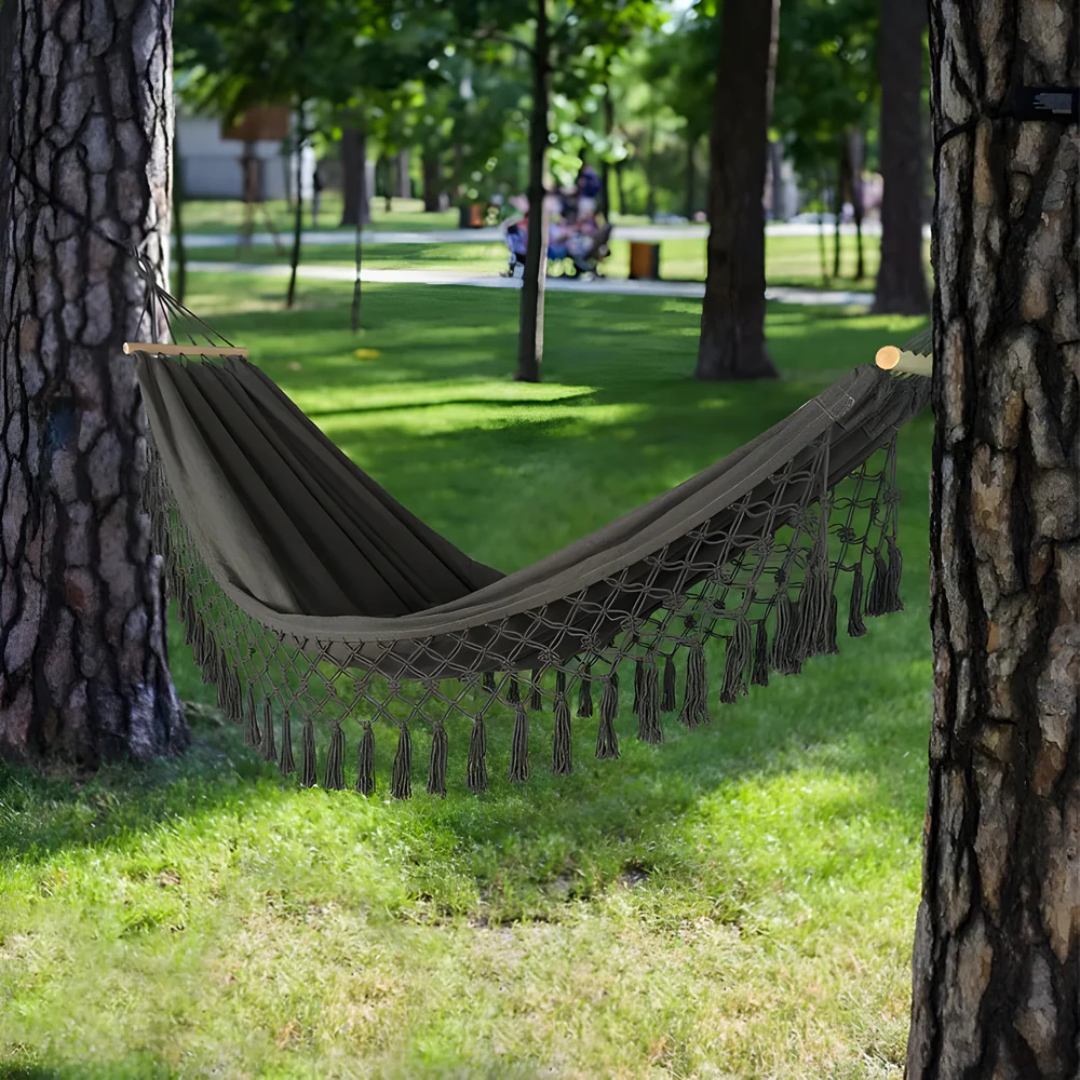 Hamac bohème en coton, réglable et stable, avec barres en bois, jusqu’à 200 kg, pour l’extérieur, idéal pour se détendre au jardin en été | Sulvida