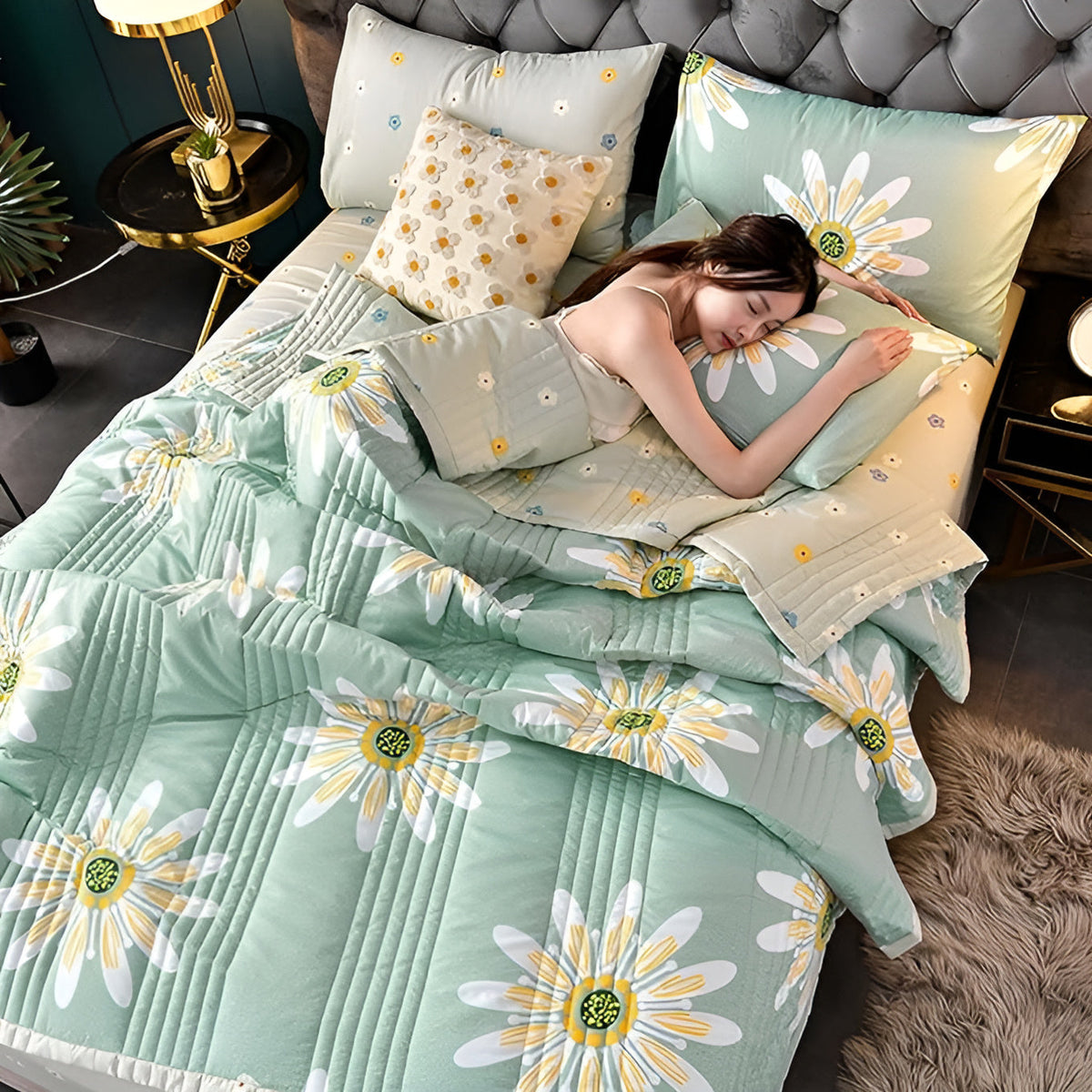 Dubbelzijdige plaid met madeliefjesmotief - zachte fleecedeken lamswol - groen geel decoratief woonkamer | Sulvida