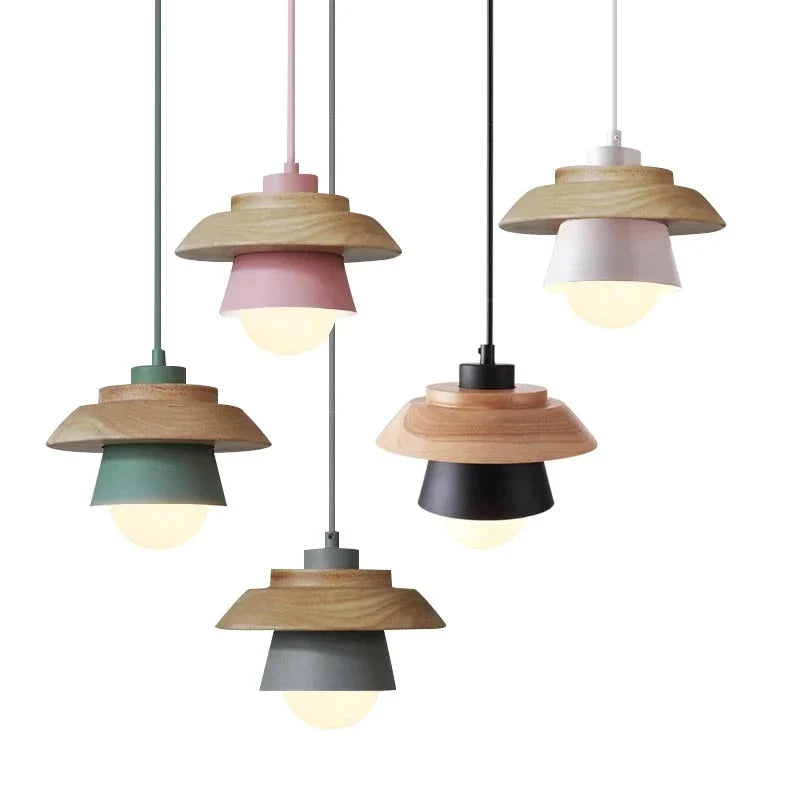 Scandinavische Hanglamp Hout Aluminium Zwart Roze Groen Grijs Wit E27 Lichtpunt Design Binnenverlichting | Sulvida