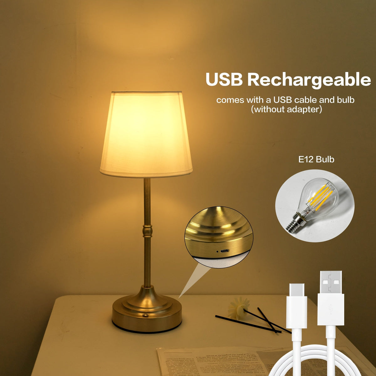 Draadloze Tafellamp USB Oplaadbaar Dimbaar met Aanraakbediening Geborsteld Metaal voor Slaapkamer Woonkamer | Sulvida