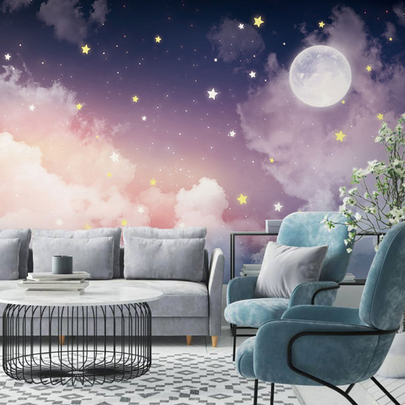 Fotobehang Maan Sterren Paars Roze 82×58 tot 197×118 cm Illustratie Wanddecoratie Modern Interieur Woonkamer | Sulvida