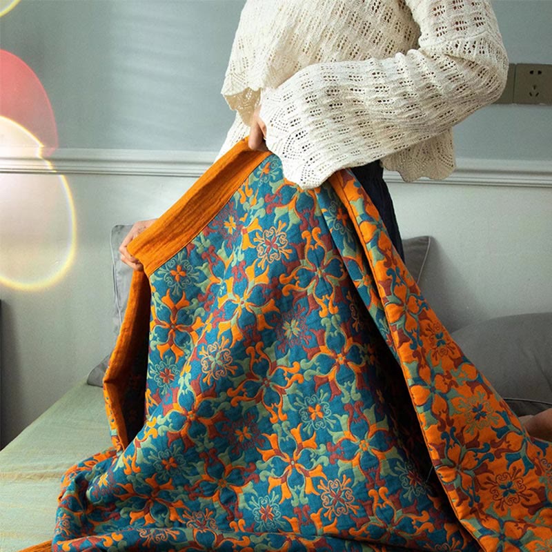 Zeslaags Katoenen Quilt Oranje en Blauw Patroon Omkeerbaar Dekbed Ademend Bedtextiel voor Modern Slaapkamerinterieur | Sulvida