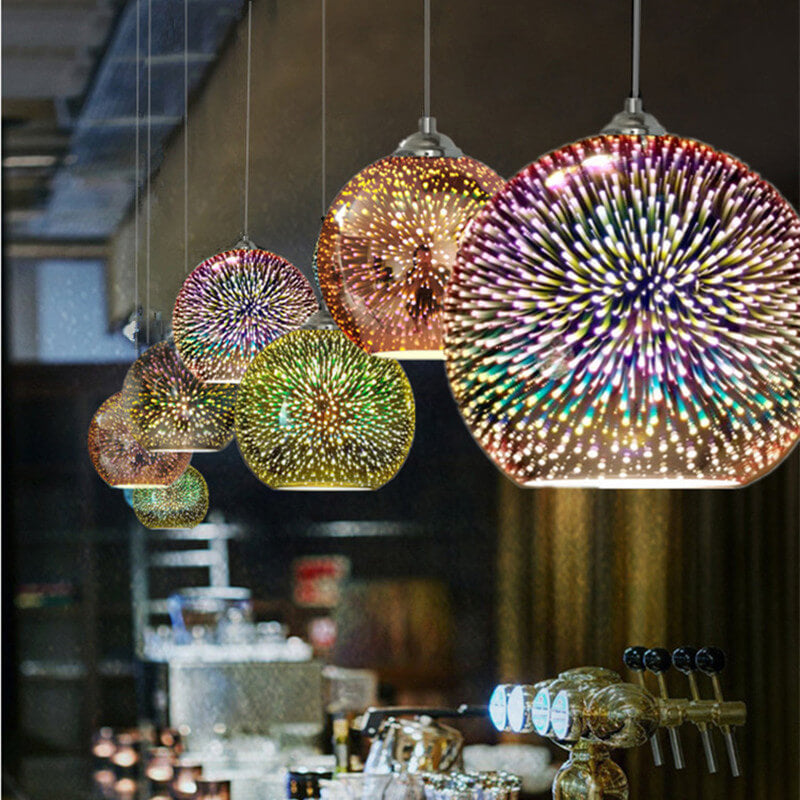 Glazen hanglamp met 3D vuurwerkeffect modern koepelontwerp metalen fitting sfeervol lichtpunt woonkamer eetkamer | Sulvida