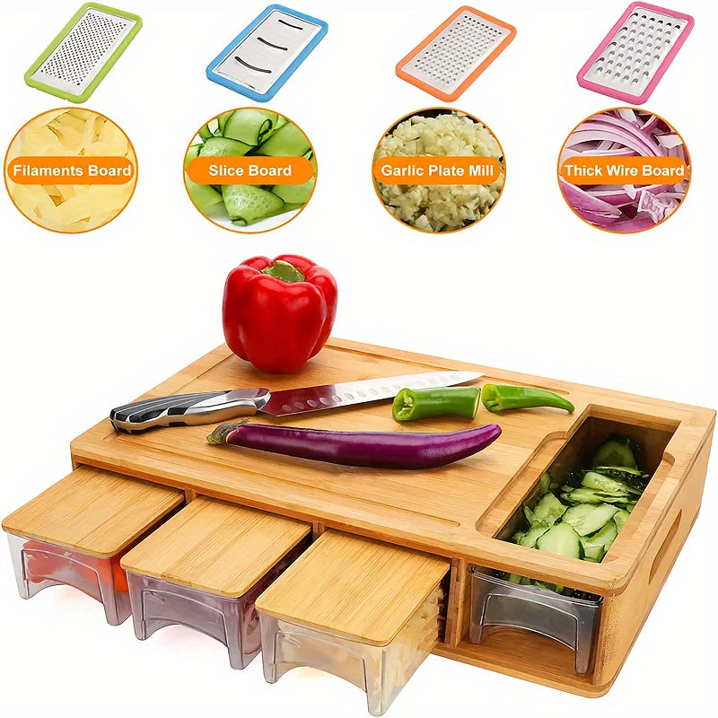 Bamboe Snijplank met Opvangbakjes en Raaspmessen Keuken Prep Station Multifunctioneel Organizer Kookstation | Sulvida