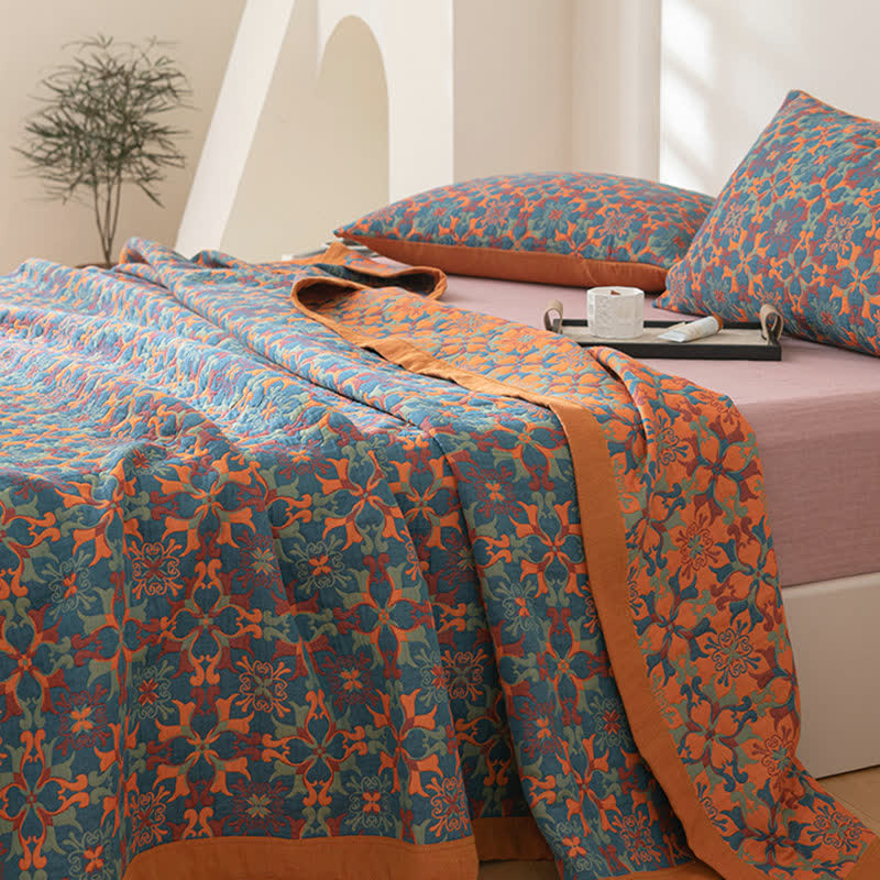 Zeslaags Katoenen Quilt Oranje en Blauw Patroon Omkeerbaar Dekbed Ademend Bedtextiel voor Modern Slaapkamerinterieur | Sulvida