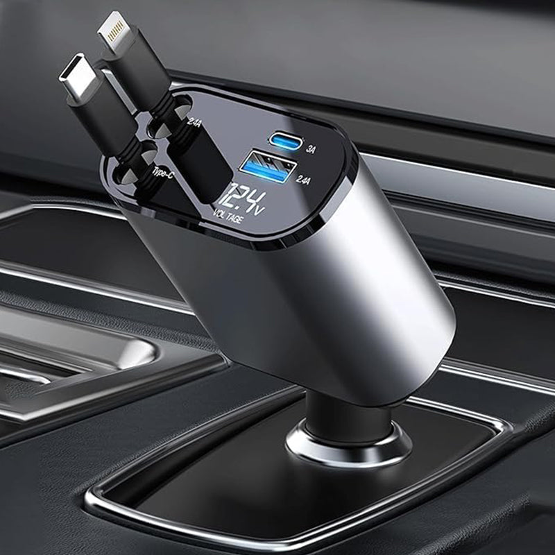 Chargeur de voiture 4-en-1 avec câble rétractable Type-C Lightning, charge rapide, 80cm, universel 12-24V | Sulvida