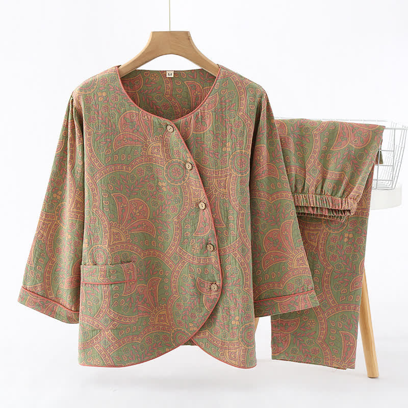 Vintage Jacquard Loungewear Set met Ronde Hals en Knopen – Zachte Katoenen Thuiskleding voor Dames en Heren, Comfortabele Pyjama voor Binnen | Sulvida