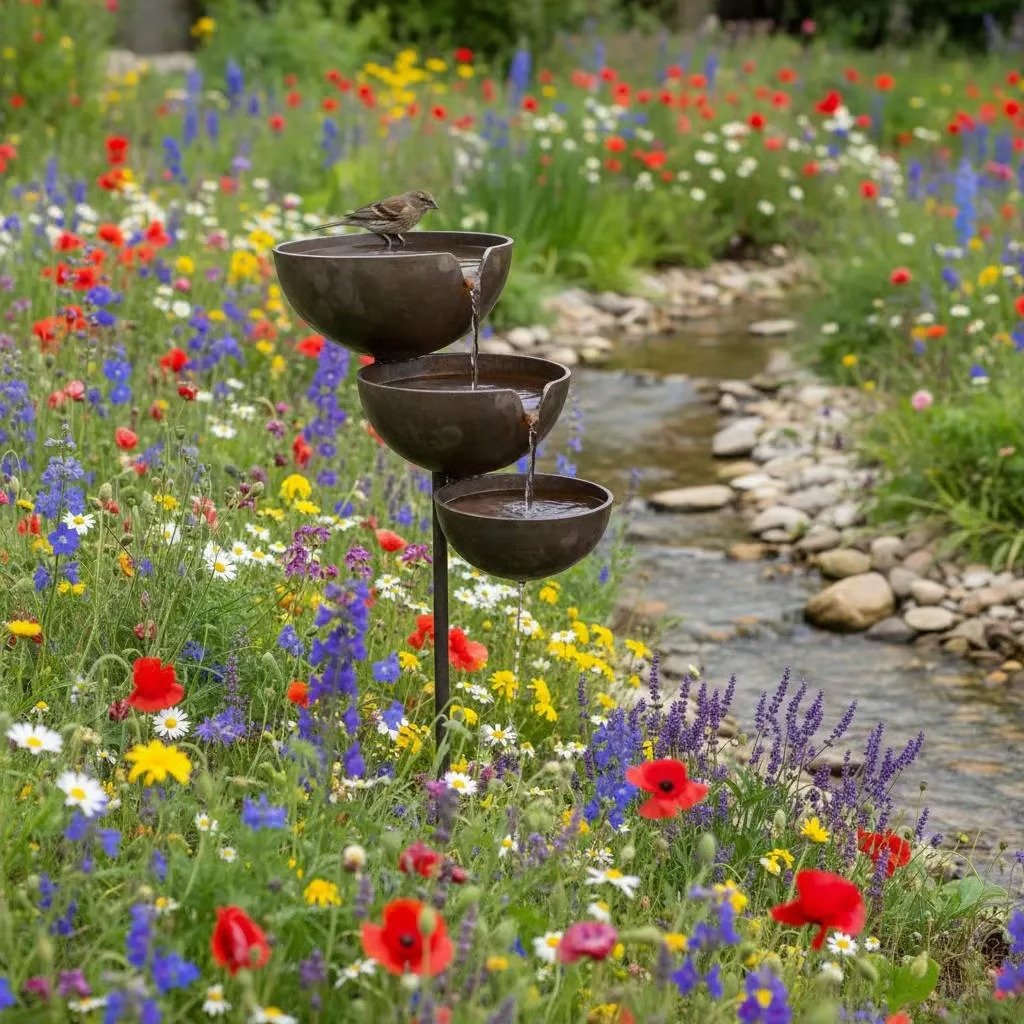 Metalen Vogelbad met Natuurlijke Regenwateropvang Rustiek Trapsgewijs Ontwerp Decoratief Tuinornament | Sulvida
