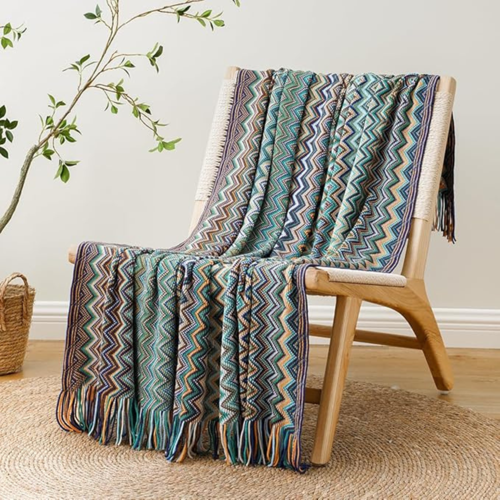 Gebreide plaid met zigzag patroon en franje meerkleurig zacht acryl voor bank bed en decoratie woonkamer | Sulvida