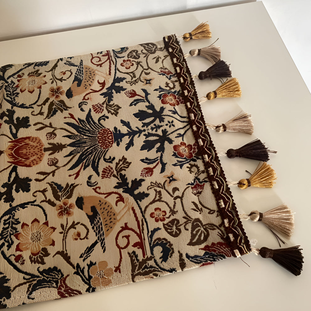 Jacquard Tafelloper met Vintage Vogelmotief en Kwastjes Landelijke Stijl Tafeldecoratie Eettafel Decoratie | Sulvida