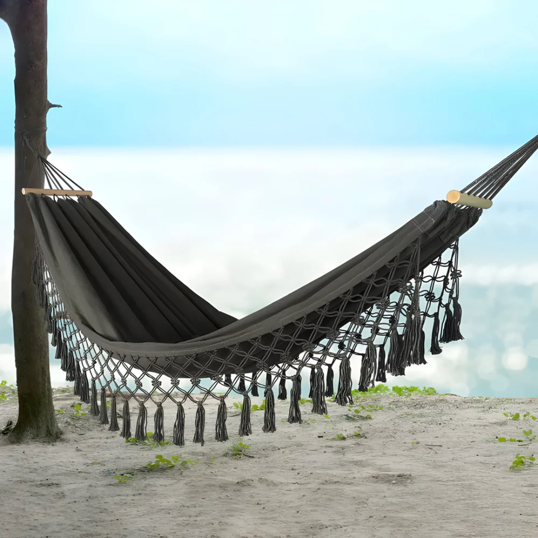 Hamac bohème en coton, réglable et stable, avec barres en bois, jusqu’à 200 kg, pour l’extérieur, idéal pour se détendre au jardin en été | Sulvida