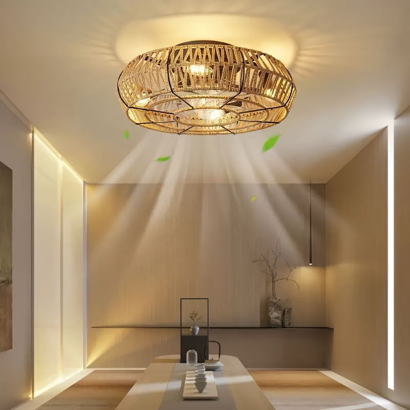 Natuurlijke Rotan Plafondventilator 48 cm Zen Stijl Sfeervolle Ventilator met LED Verlichting E27 Woonkamer | Sulvida