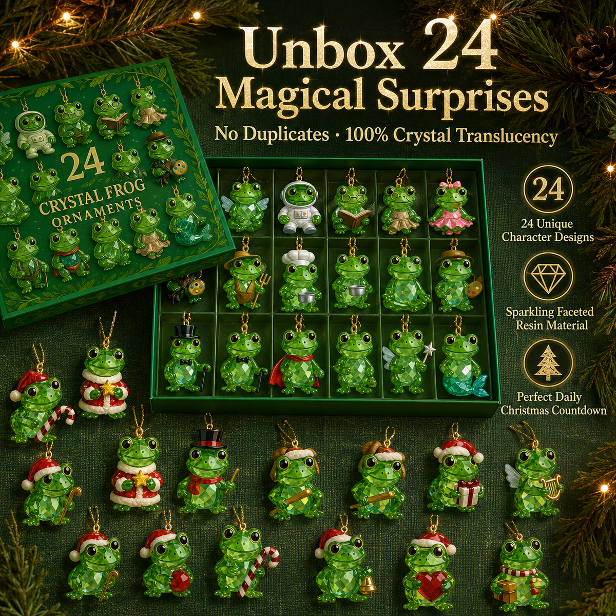 Adventskalender Kikker met 24 Kristallen Ornamenten – Luxe Cadeaubox Kerst Wooninterieur Decoratie Cadeau | Sulvida
