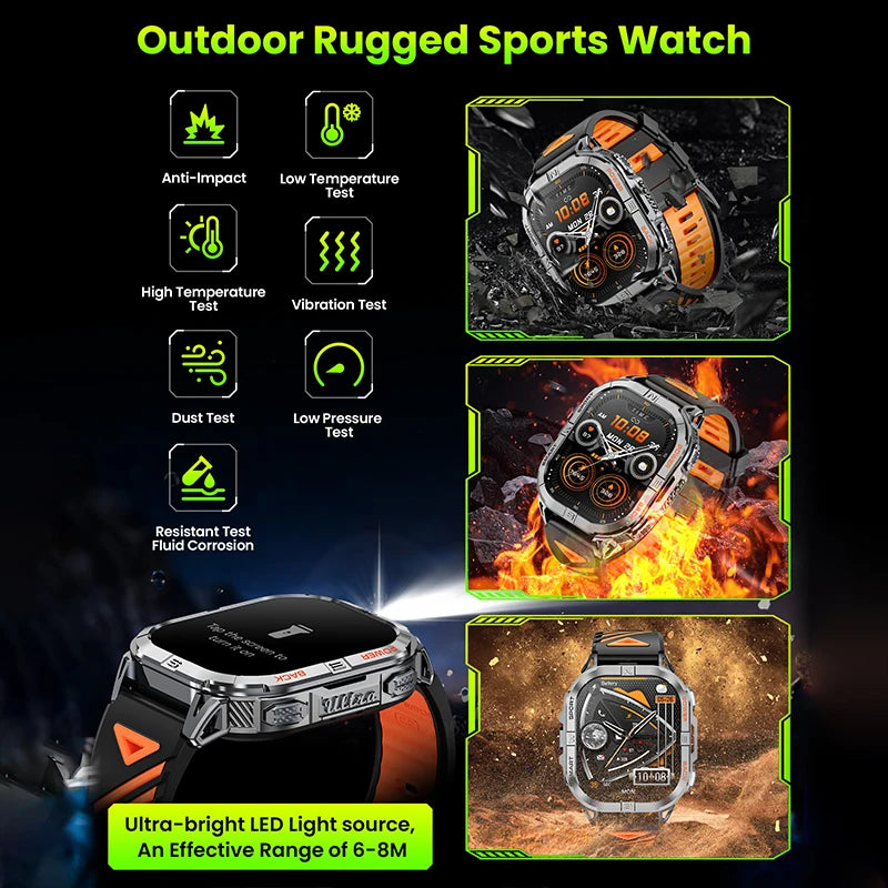 Robuust Outdoor Smartwatch 2,13 inch AMOLED GPS Kompas Zaklamp Fitness Hartslagmeter Waterdicht Sport | Sulvida
