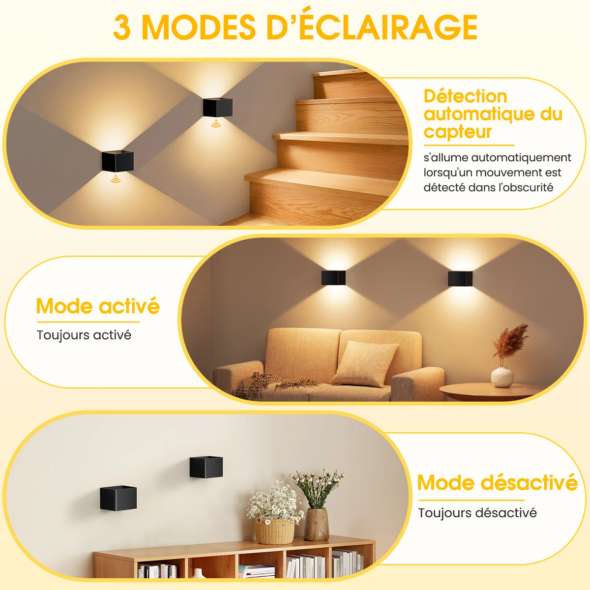 Oplaadbare LED Wandlamp met Bewegingssensor Draadloos Dimbaar 3 Lichtmodi voor Binnen Hal Trap Slaapkamer | Sulvida
