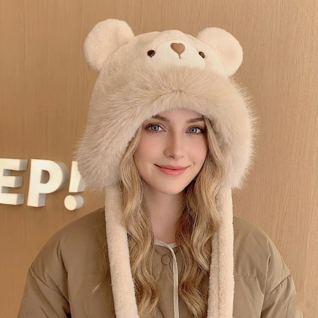 Fluffy Bear Wintermuts Unisex Polyester Pluche Berenontwerp met Oorflappen Warm Winteraccessoire Knuffelzacht | Sulvida