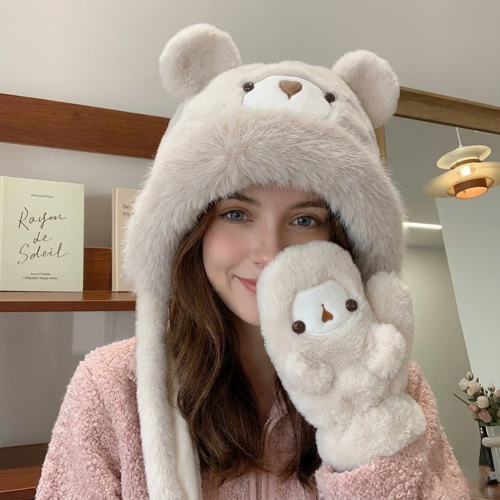 Fluffy Bear Wintermuts Unisex Polyester Pluche Berenontwerp met Oorflappen Warm Winteraccessoire Knuffelzacht | Sulvida