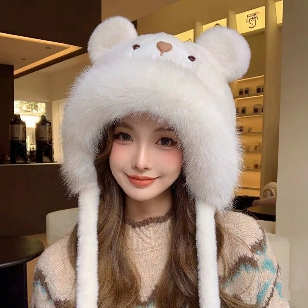 Fluffy Bear Wintermuts Unisex Polyester Pluche Berenontwerp met Oorflappen Warm Winteraccessoire Knuffelzacht | Sulvida