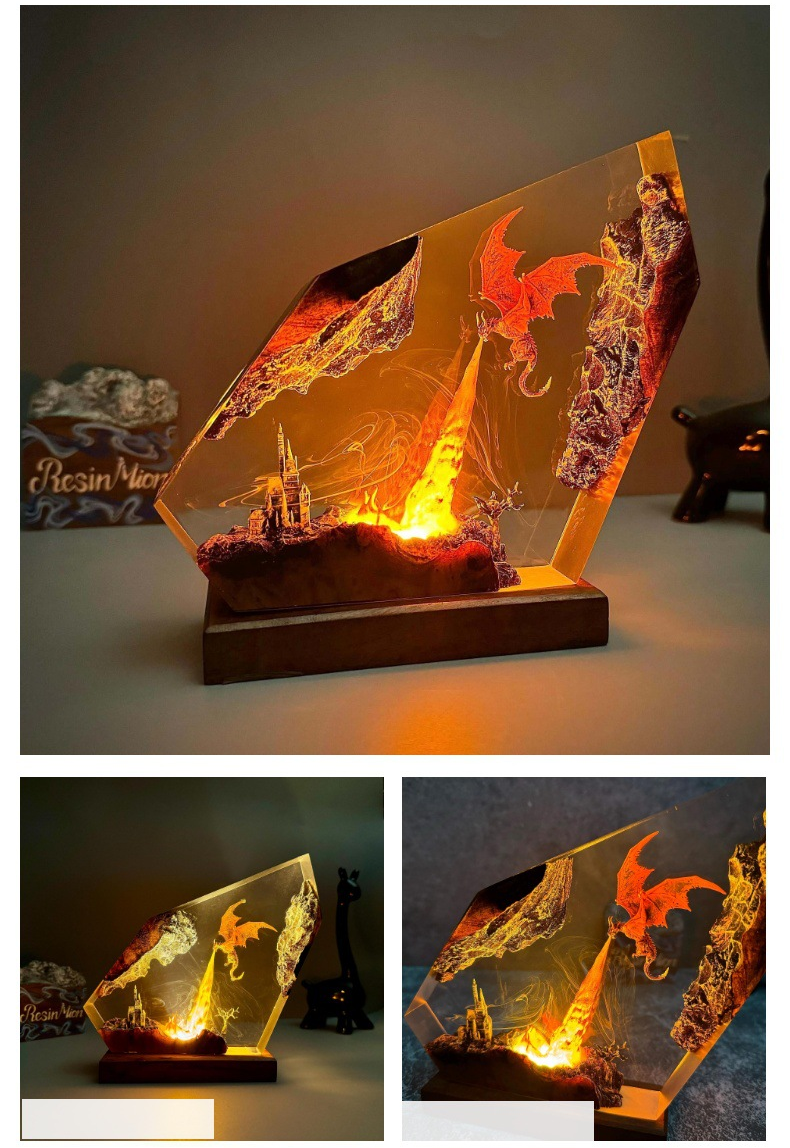 Draak Tafellamp met Vuureffect – Handgemaakte Hars Fantasy Verlichting Decoratief Sfeerlicht 14-21cm | Sulvida