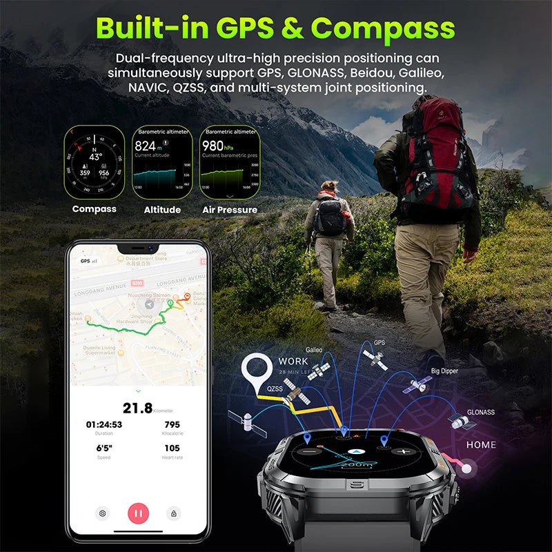Robuust Outdoor Smartwatch 2,13 inch AMOLED GPS Kompas Zaklamp Fitness Hartslagmeter Waterdicht Sport | Sulvida
