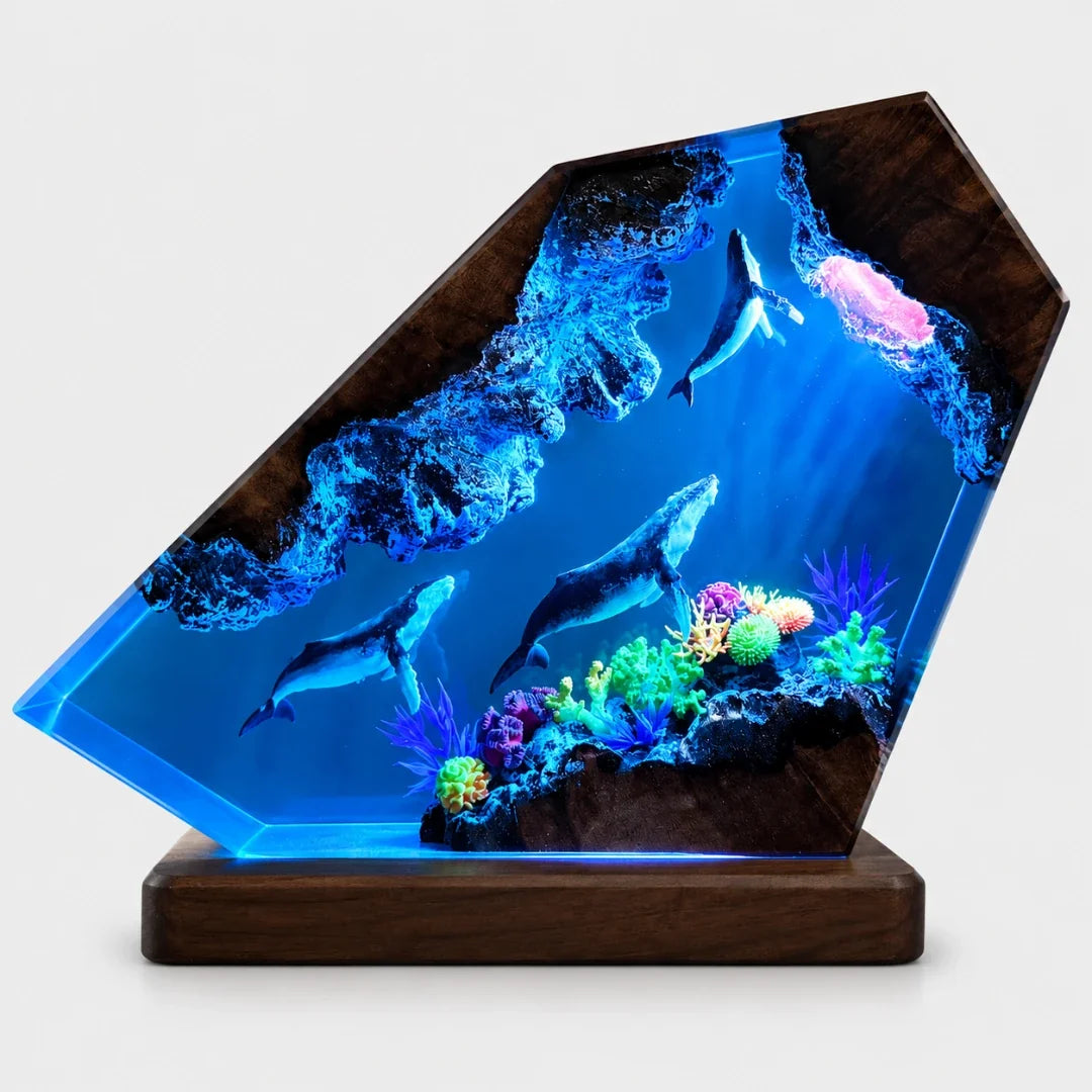 Oceaan Harslamp met LED-Verlichting Walvis & Koraalrif Decoratie USB-Lichtbron Transparante Resinblok | Sulvida