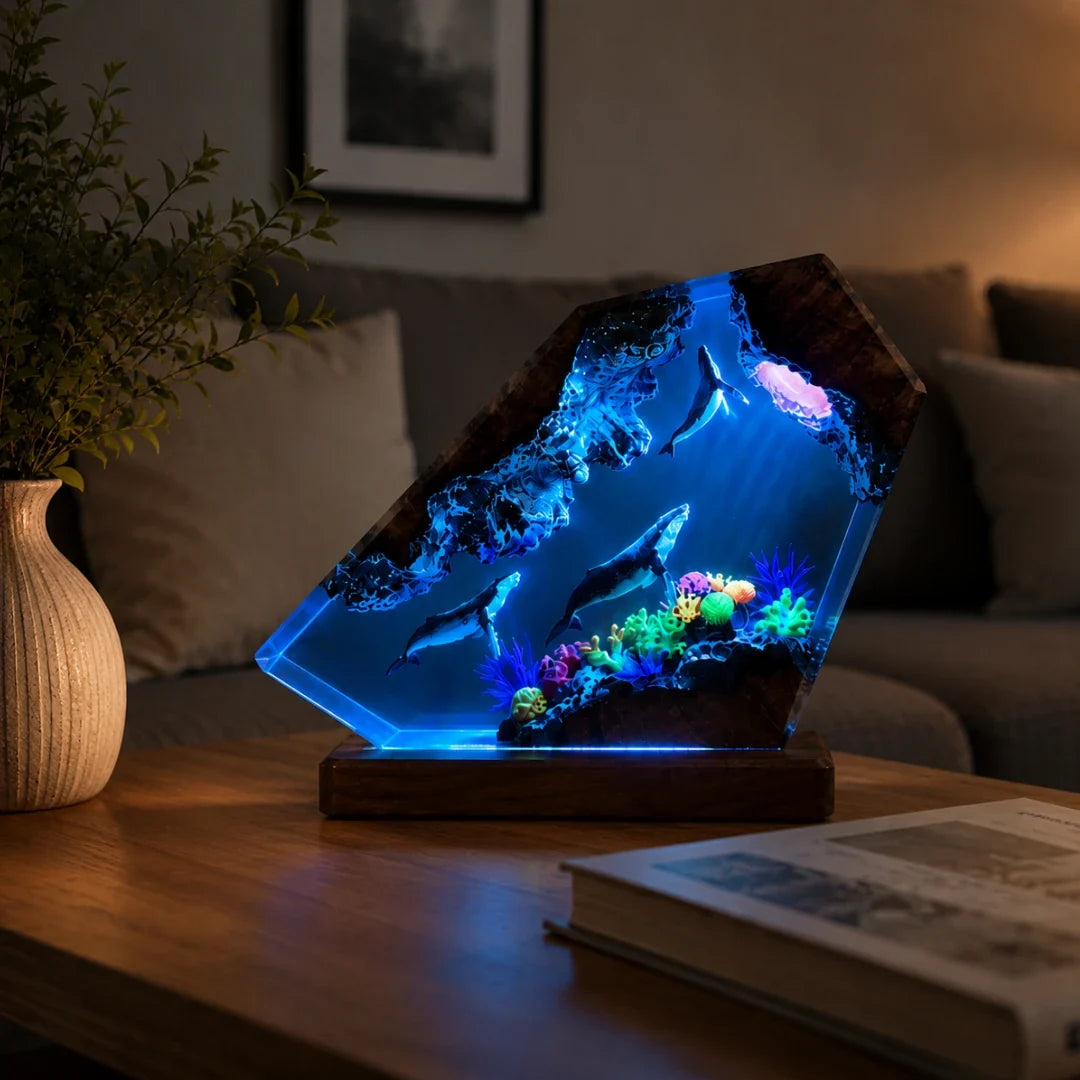 Oceaan Harslamp met LED-Verlichting Walvis & Koraalrif Decoratie USB-Lichtbron Transparante Resinblok | Sulvida