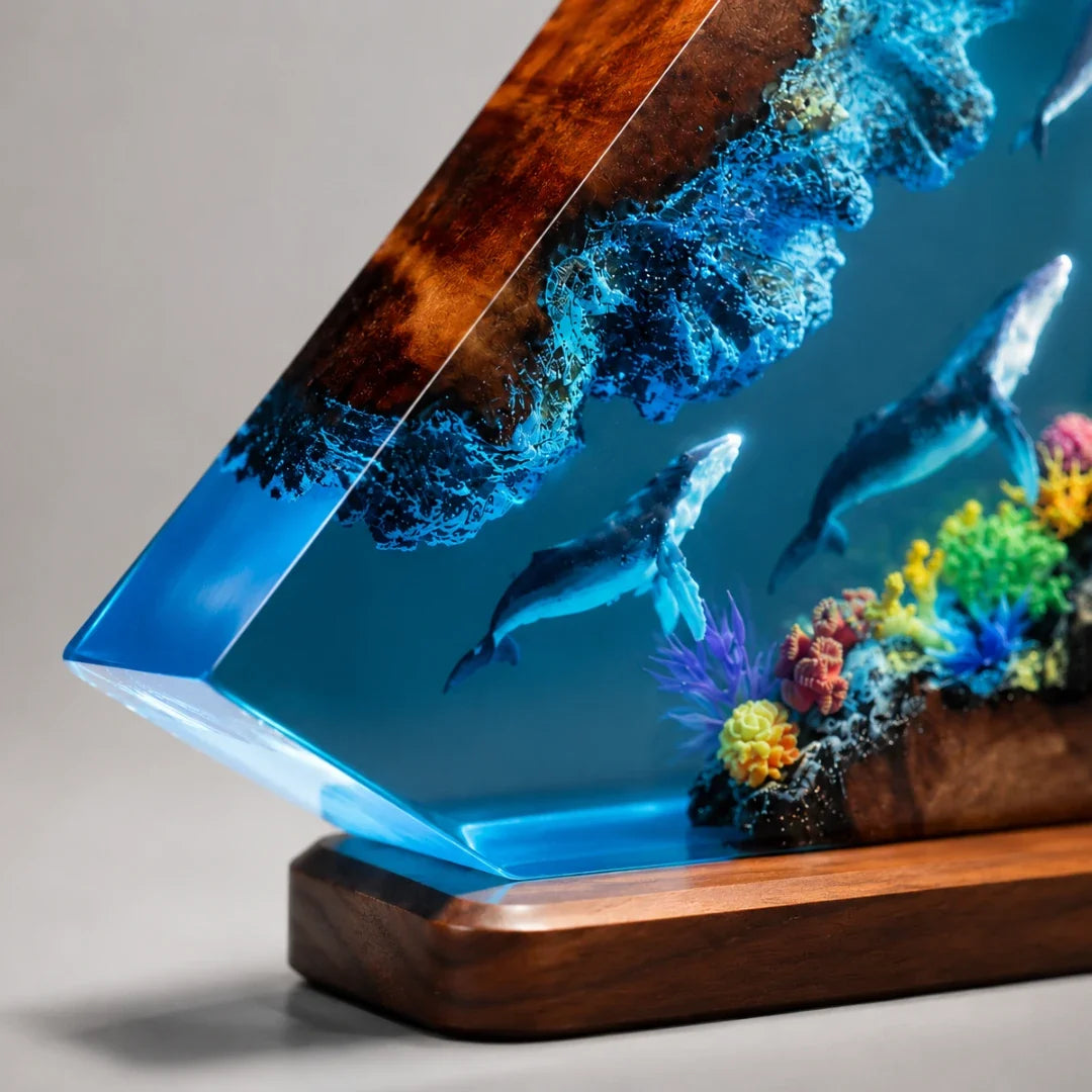 Oceaan Harslamp met LED-Verlichting Walvis & Koraalrif Decoratie USB-Lichtbron Transparante Resinblok | Sulvida