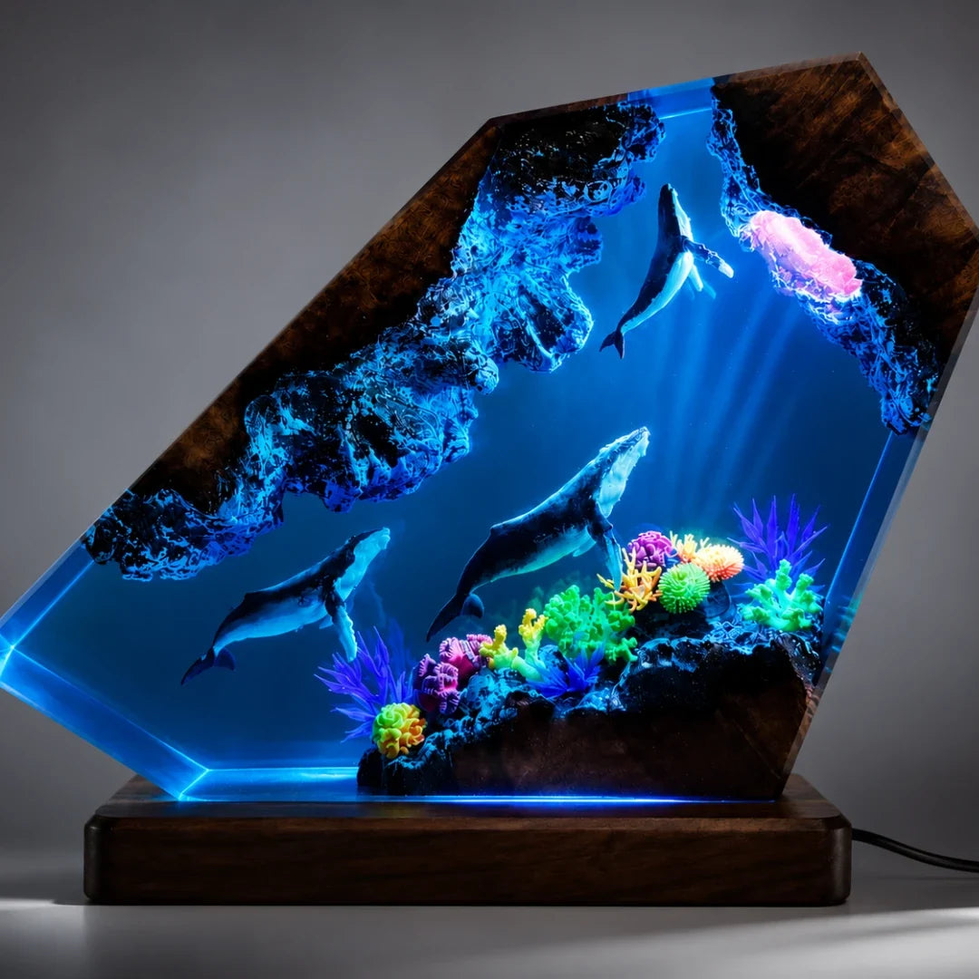 Oceaan Harslamp met LED-Verlichting Walvis & Koraalrif Decoratie USB-Lichtbron Transparante Resinblok | Sulvida