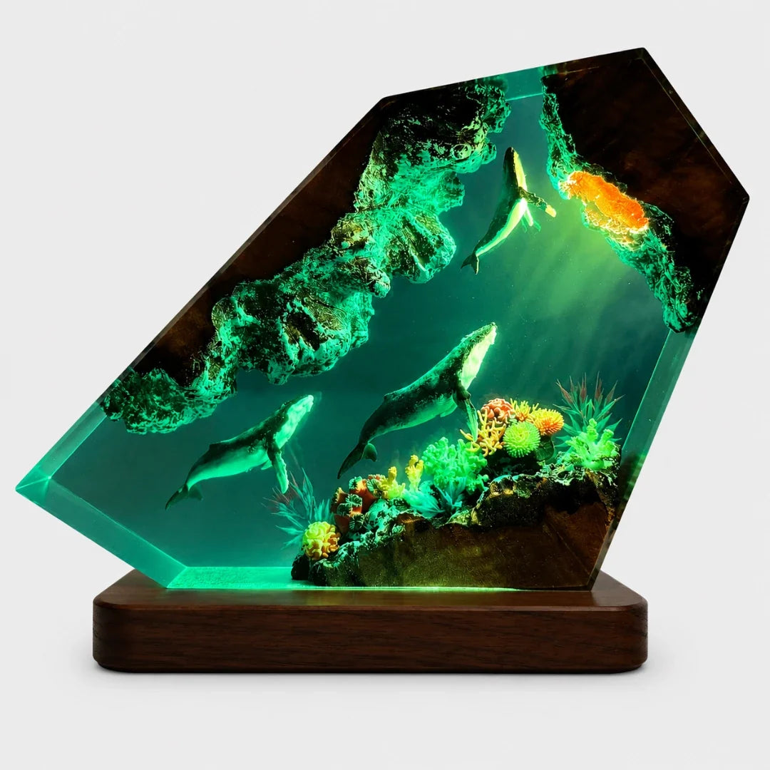 Oceaan Harslamp met LED-Verlichting Walvis & Koraalrif Decoratie USB-Lichtbron Transparante Resinblok | Sulvida
