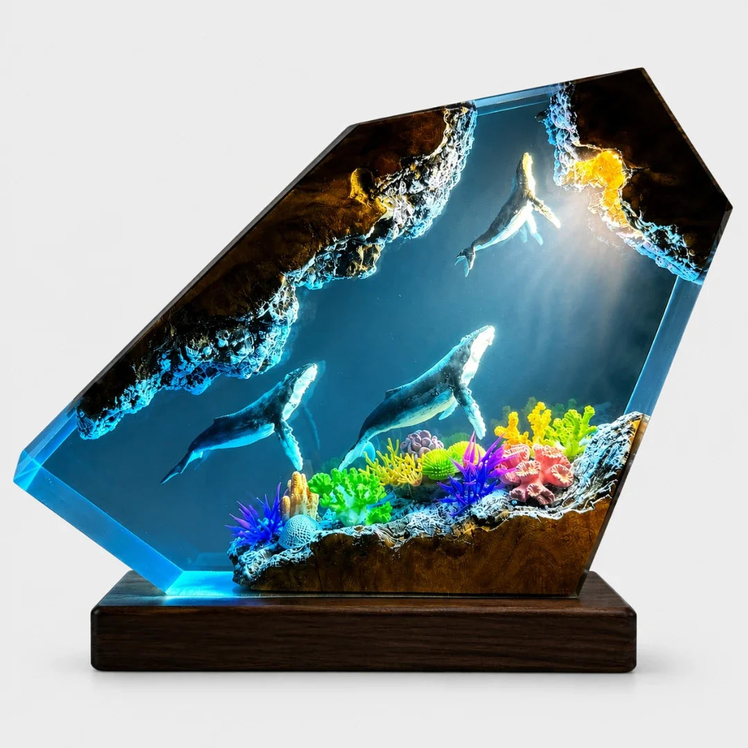 Oceaan Harslamp met LED-Verlichting Walvis & Koraalrif Decoratie USB-Lichtbron Transparante Resinblok | Sulvida
