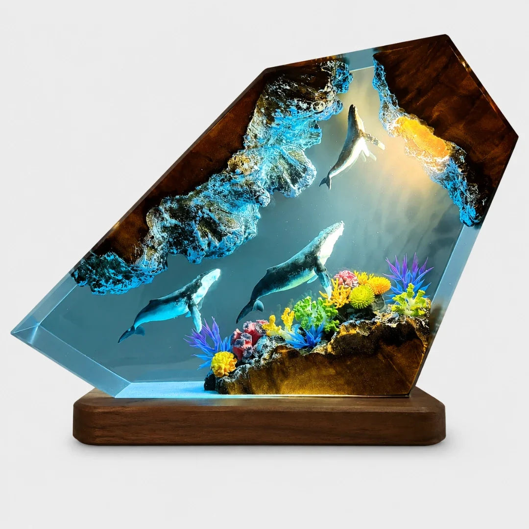 Oceaan Harslamp met LED-Verlichting Walvis & Koraalrif Decoratie USB-Lichtbron Transparante Resinblok | Sulvida