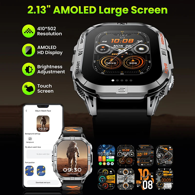 Robuust Outdoor Smartwatch 2,13 inch AMOLED GPS Kompas Zaklamp Fitness Hartslagmeter Waterdicht Sport | Sulvida