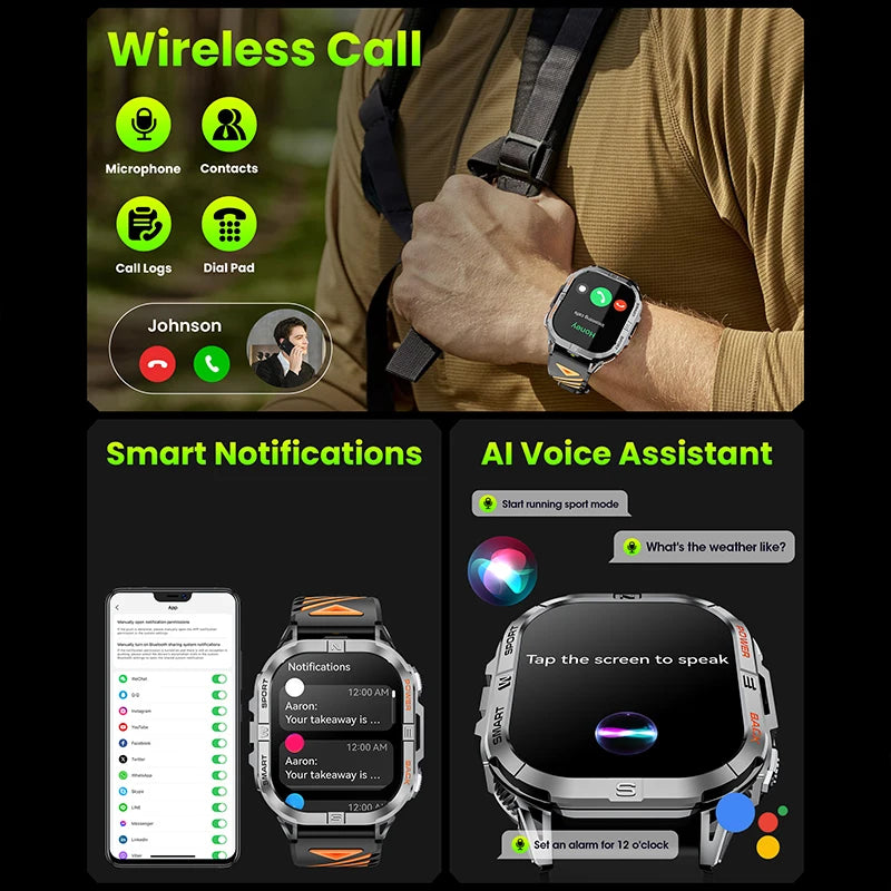 Robuust Outdoor Smartwatch 2,13 inch AMOLED GPS Kompas Zaklamp Fitness Hartslagmeter Waterdicht Sport | Sulvida
