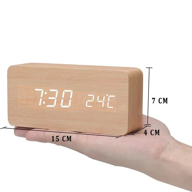 LED Wekker met Spraakbediening Houtlook Digitaal Display Temperatuur Alarm Slaapkamer Nachtlampje Dimbaar | Sulvida