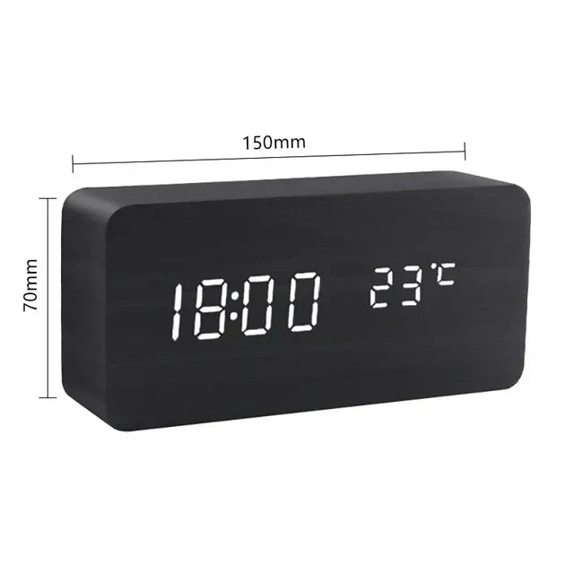LED Wekker met Spraakbediening Houtlook Digitaal Display Temperatuur Alarm Slaapkamer Nachtlampje Dimbaar | Sulvida