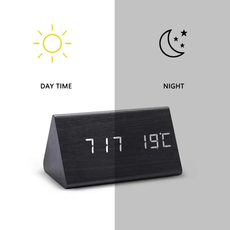 LED Wekker met Spraakbediening Houtlook Digitaal Display Temperatuur Alarm Slaapkamer Nachtlampje Dimbaar | Sulvida