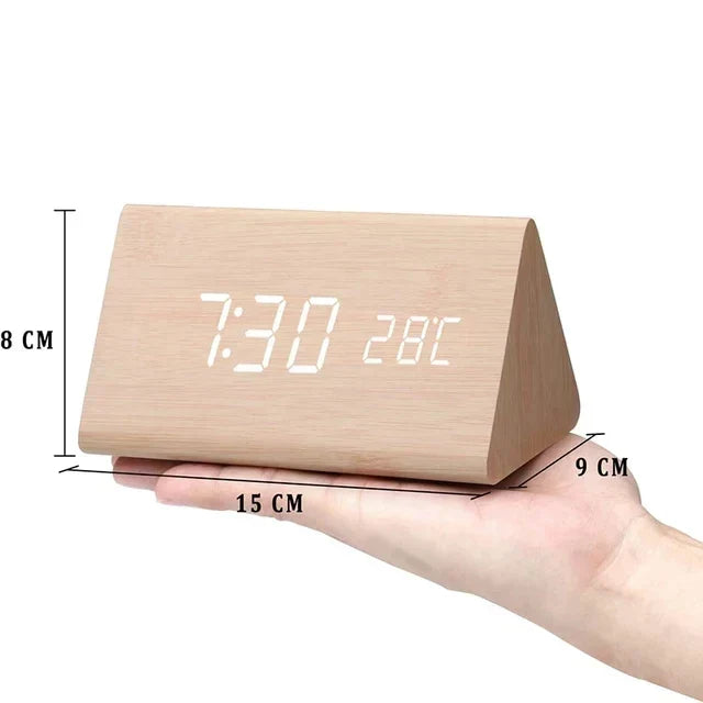 LED Wekker met Spraakbediening Houtlook Digitaal Display Temperatuur Alarm Slaapkamer Nachtlampje Dimbaar | Sulvida