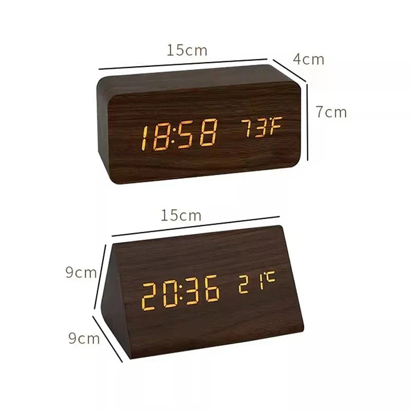 LED Wekker met Spraakbediening Houtlook Digitaal Display Temperatuur Alarm Slaapkamer Nachtlampje Dimbaar | Sulvida
