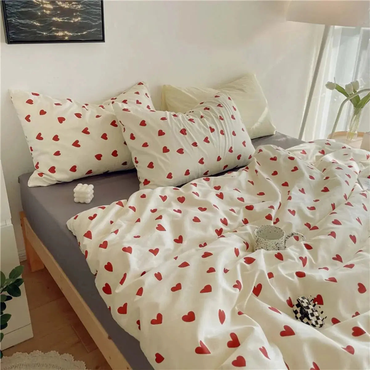Hartjesmotief Dekbedovertrek Set Microvezel 4-Delig Zachte Bedlinnen Hoeslaken en Kussenslopen Gecoördineerde Slaapkamer | Sulvida