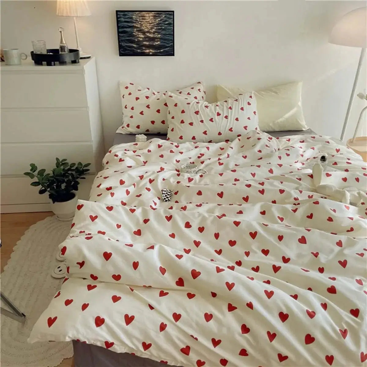 Hartjesmotief Dekbedovertrek Set Microvezel 4-Delig Zachte Bedlinnen Hoeslaken en Kussenslopen Gecoördineerde Slaapkamer | Sulvida