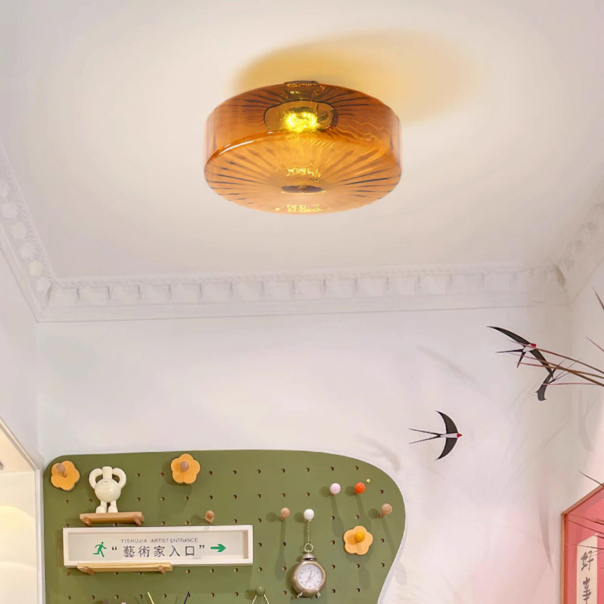 Plafondlamp Amber Glas Met Zonnestraalpatroon Warm Retro Licht Voor Slaapkamer Woonkamer Hal Sfeerverlichting | Sulvida
