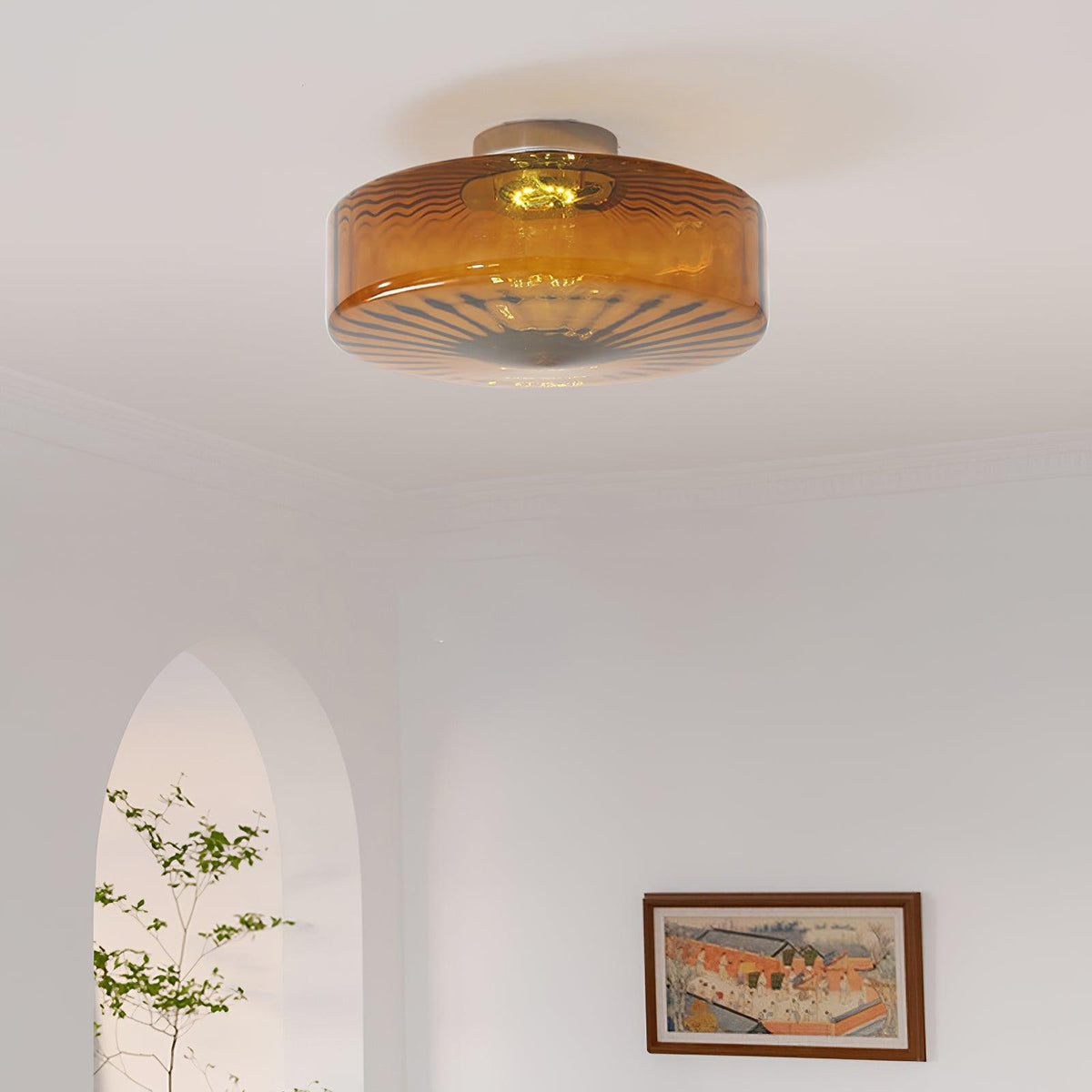 Plafondlamp Amber Glas Met Zonnestraalpatroon Warm Retro Licht Voor Slaapkamer Woonkamer Hal Sfeerverlichting | Sulvida