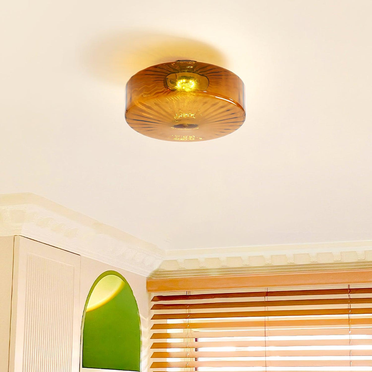 Plafondlamp Amber Glas Met Zonnestraalpatroon Warm Retro Licht Voor Slaapkamer Woonkamer Hal Sfeerverlichting | Sulvida