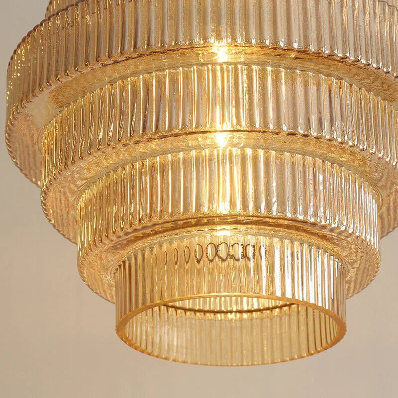 Geribbelde glazen hanglamp gelaagd flessendesign Art Deco vintage eetkamer keuken woonkamer slaapkamer | Sulvida
