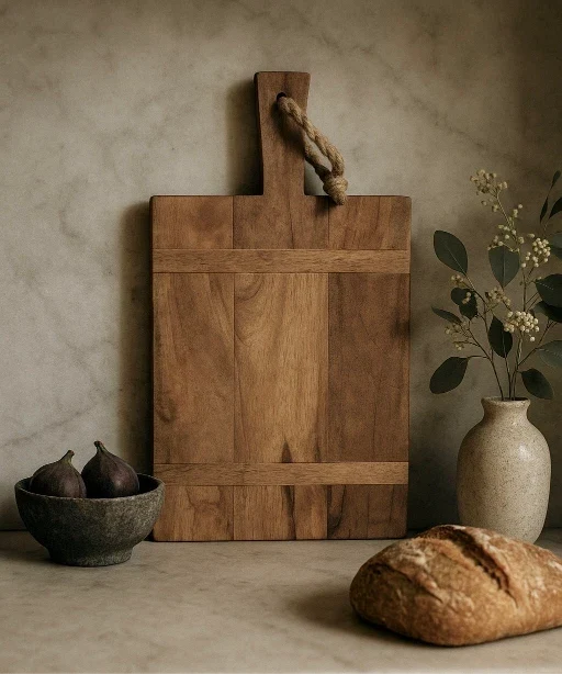 Drewniana deska do krojenia z uchwytem ze sznurka, drewno mango, rustykalna deska do serwowania, deska kuchenna i do pieczywa, 46 x 25 cm, naturalna | Sulvida