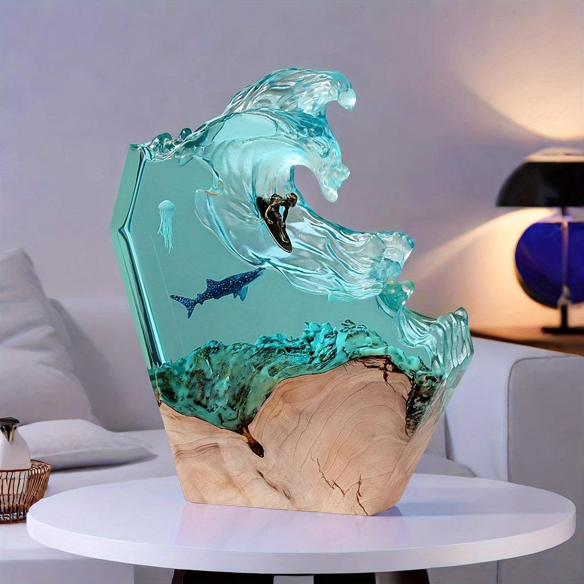 Lampe-sculpture baleine Ocean à intensité réglable en résine, éclairage de table d’ambiance, lampe de chevet, design maritime | Sulvida