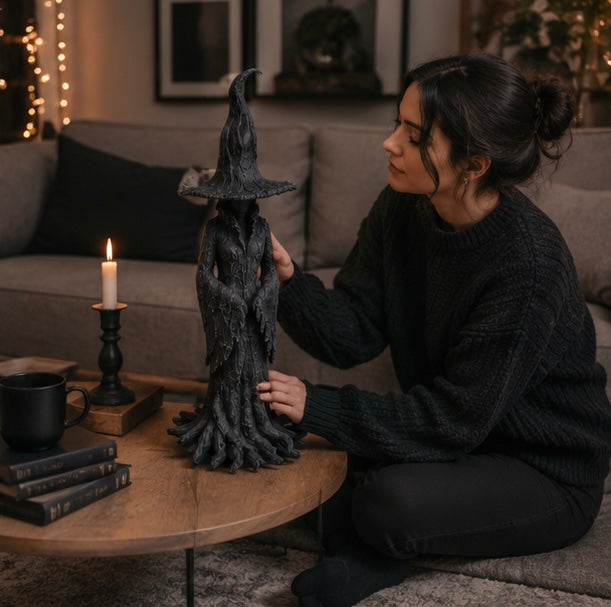 Heksen Beeldje Hars Zwart Gothic Tovenares – Mystieke Decoratie Halloween Interieur Sfeervolle Woonkamer | Sulvida
