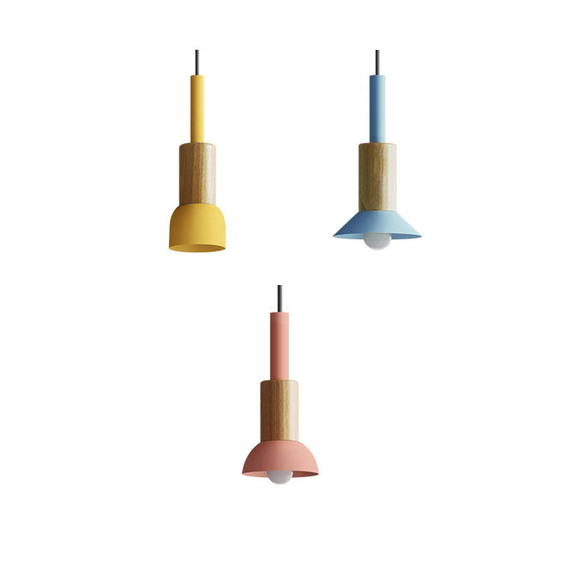 Suspension scandinave en bois avec fer coloré rose, jaune et vert, éclairage design pour salle à manger et salon, E26 | Sulvida