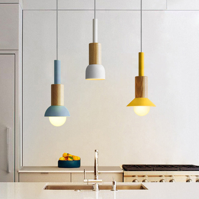 Suspension scandinave en bois avec fer coloré rose, jaune et vert, éclairage design pour salle à manger et salon, E26 | Sulvida